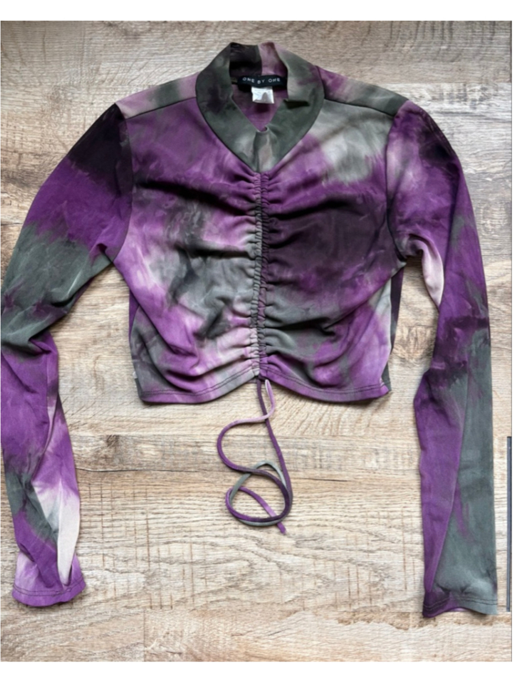 One By One Tie-Dye Mesh Ruched Front Crop Top Medium